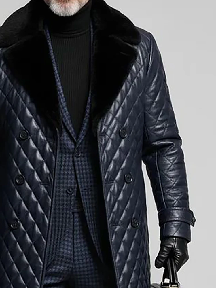 

Men's Diamond Pattern Pu Leather Blazer Jacket Navy Blue Double-breasted Fur Collar Straight Winter Warm Outerwear Midi Jackets