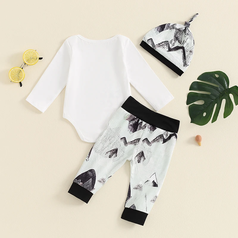 Blotona Newborn Baby Boys 3PCS Outfit Sets Long Sleeve Letter Print Romper Pattern Print Pants Hat Spring Fall Sets