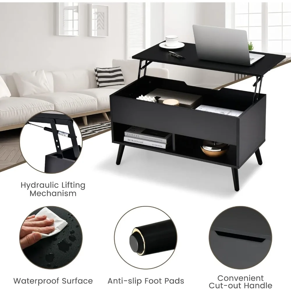Lift Top Coffee Table, Modern Cocktail Table w/Hidden Compartment & 2 Open Shelves, Flip Top Center Table