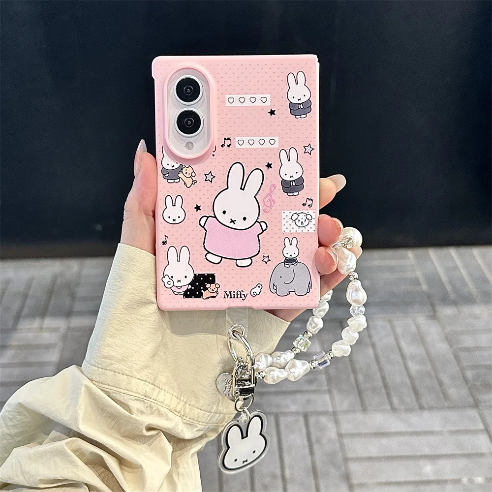 New 2026 Korean Cute Cartoon pink Phone case for Samsung Galaxy Z Fold 8 Ultra Z Fold 8 PC Miffy Shockproof Cover Stand Chain