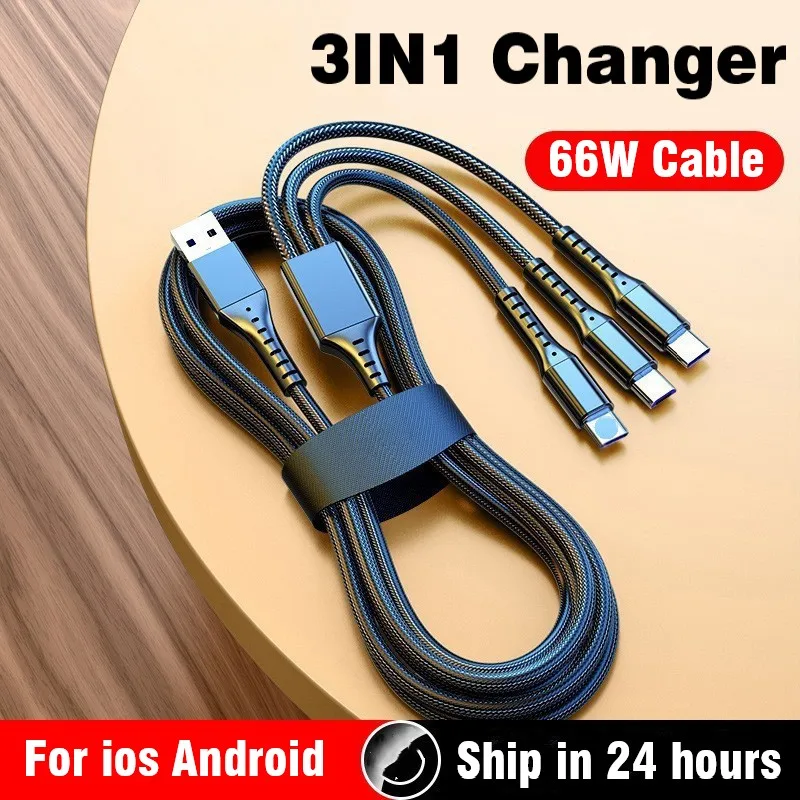 

1.2M 66W Super Fast Charger cable 3n1 Nylon Braided 6A USB Charging type C USB C Data Cable for iPhone xiaomi huawei Samsung