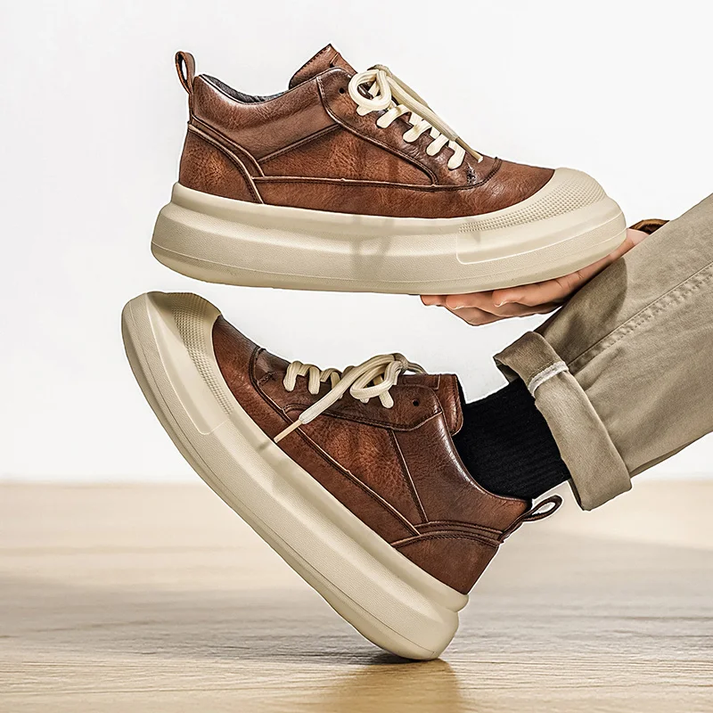 

Всесезонная универсальная обувь 2026, мужские кроссовки для скейтбординга со средним верхом из искусственной кожи, уличная повседневная обувь на толстой подошве с нескользящей функцией