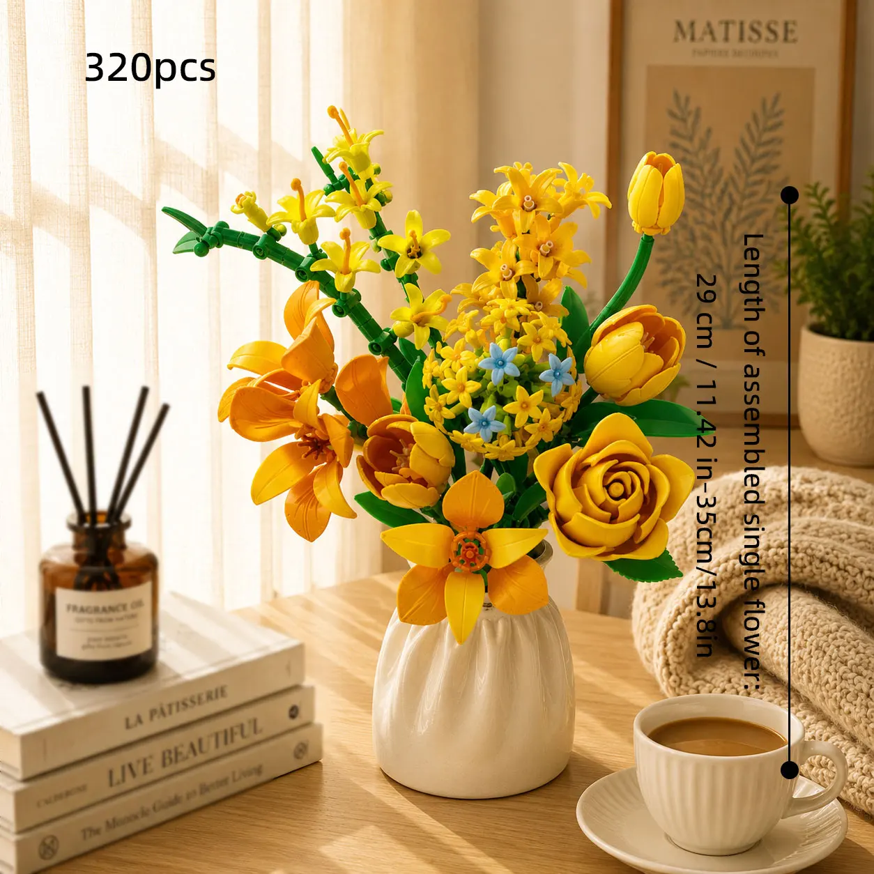 320Pcs Tulip, Rose, Lily Mixed Flower Building Block Bouquet Set, DIY Sunshine Series Assembled Eternal Flower Model, Artificial Flower Decoration, Home/Office Decoration, Universal Gift for Adults and Children