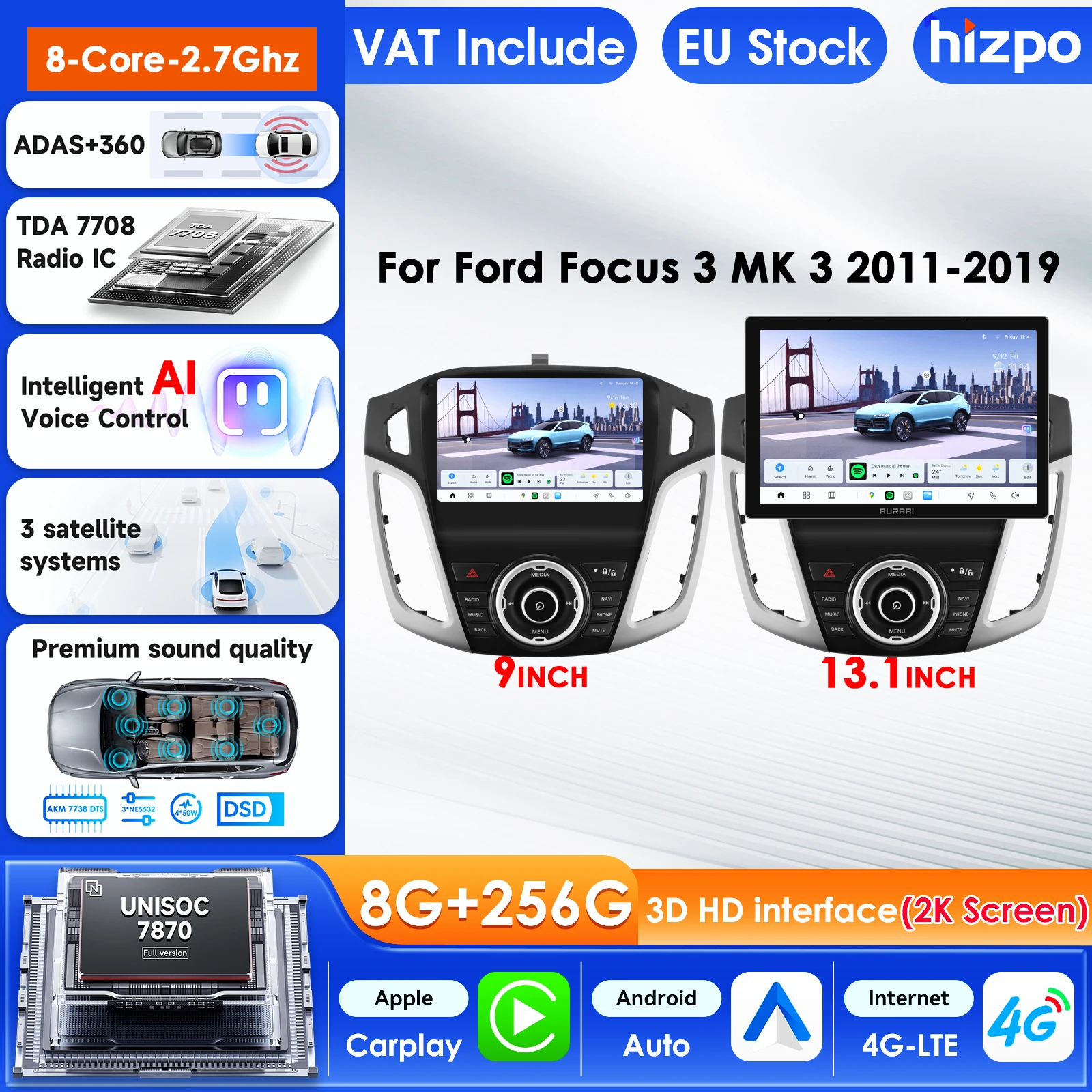 Hizpo 2K Bildschirm Android Auto für Ford Focus 3 Mk 3 2011 - 2019 Auto-Infotainment 3D HD Multimedia-Player Stereo Kabelloses Carplay