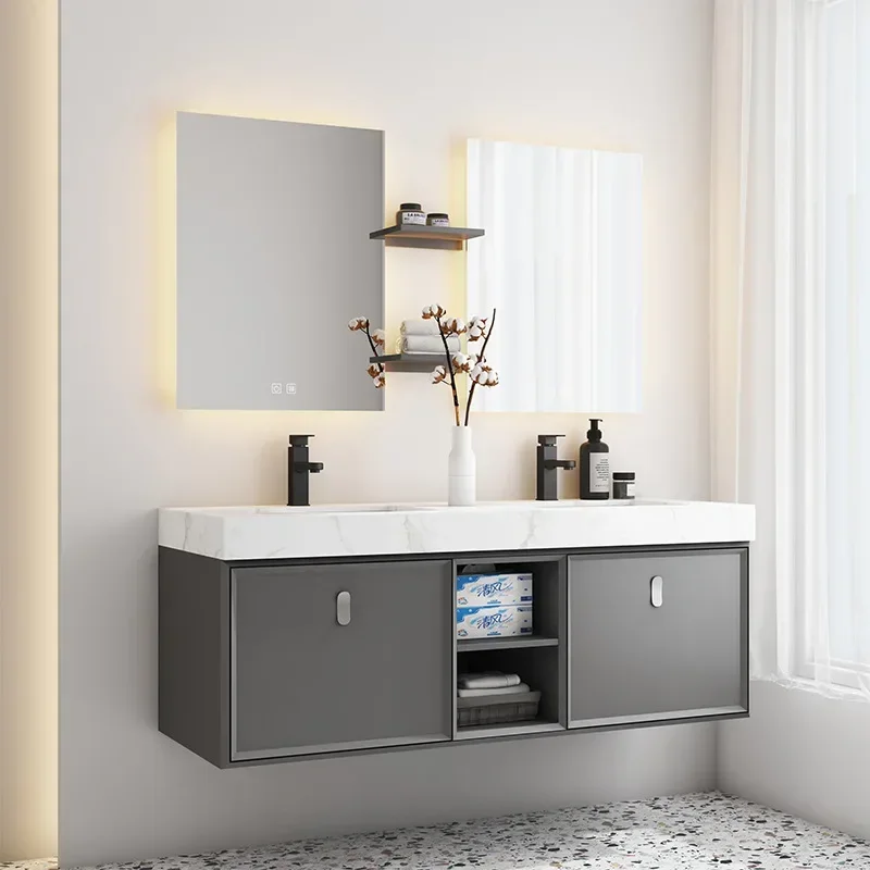 Bathroom furniture modern simple solid wood slate bathroom cabinet combination of hand washing table integrated basin toilet