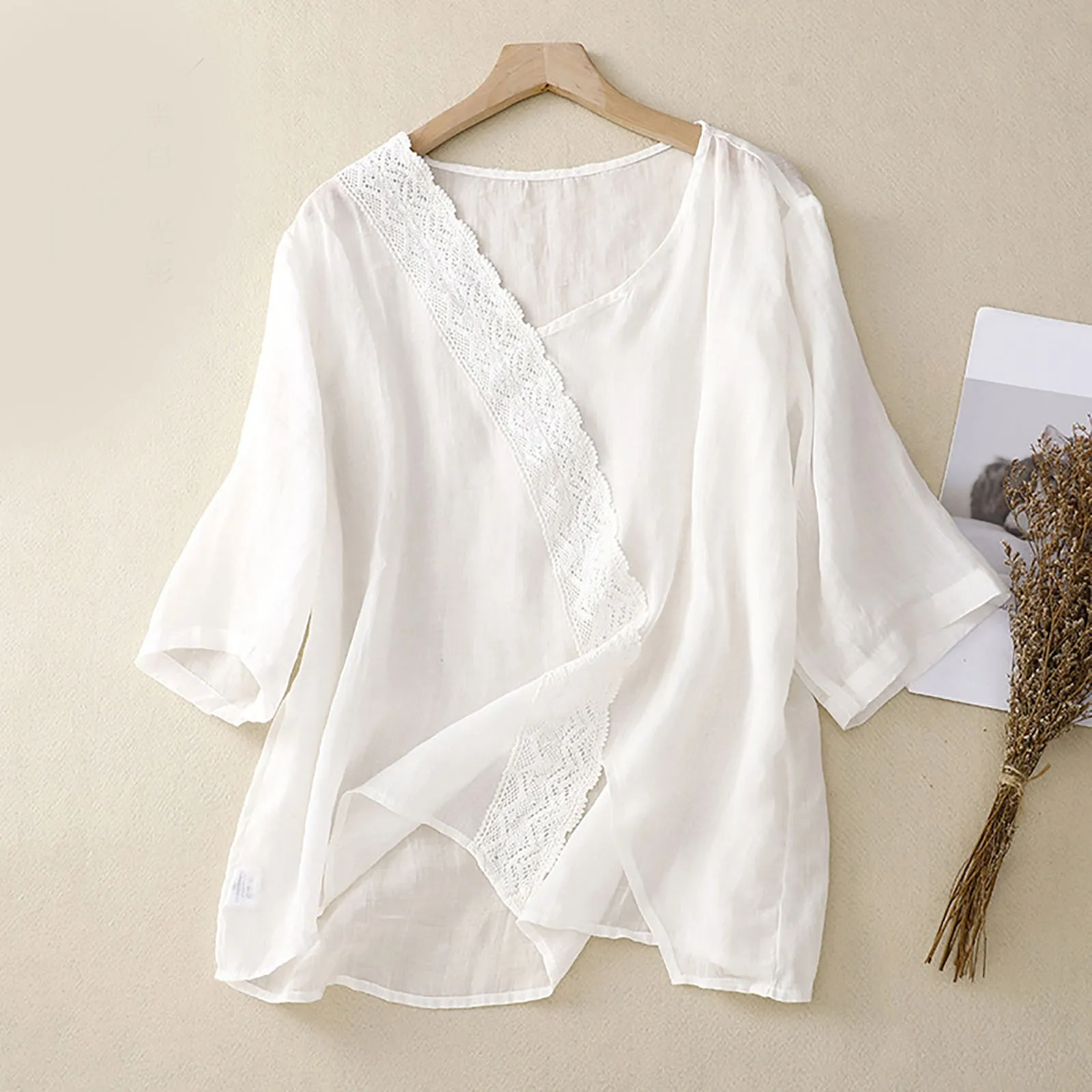 

2024 Women'S Solid Color White Cotton Linen Round Neck Boxy Top Lace Patchwork Blouses Female Holiday Casual Elegant Shirt