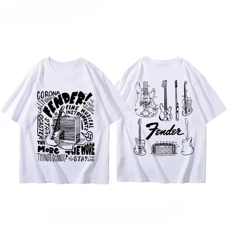 Camiseta de verão fender guitarra elétrica banda manga curta meninos e meninas trajes de guitarrista de verão em torno de camiseta impressa
