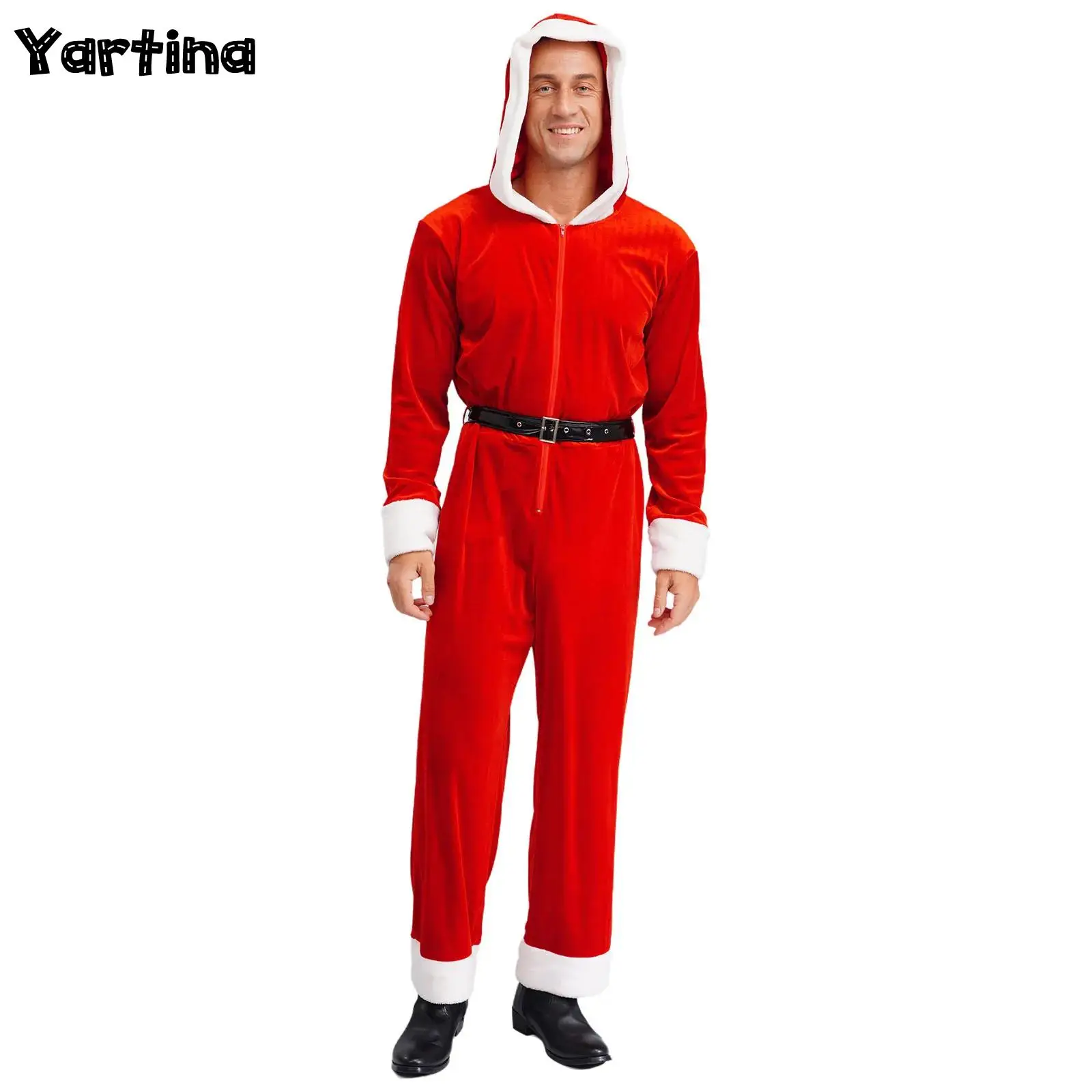 

Mens Christmas Santa Claus Xmas Costume Hooded Pajamas Jumpsuit with Belt Pointed Hood Front Zip Wide Leg White Trim Unitard