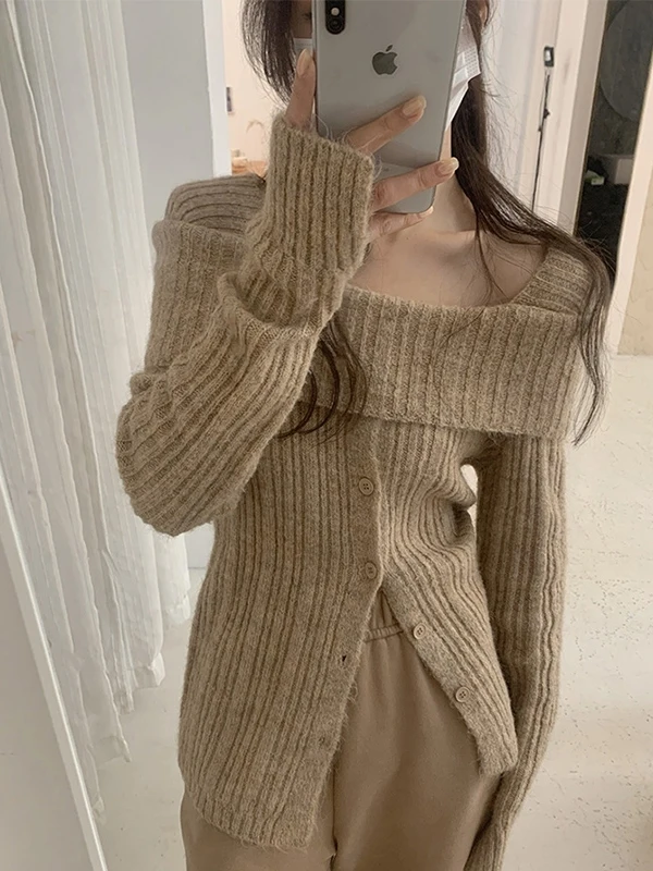 Coupe ample paresseux Sle une épaule doux tricoté blanc pull femmes hiver nouveauté haut de gamme longue Sve haut tricoté haut