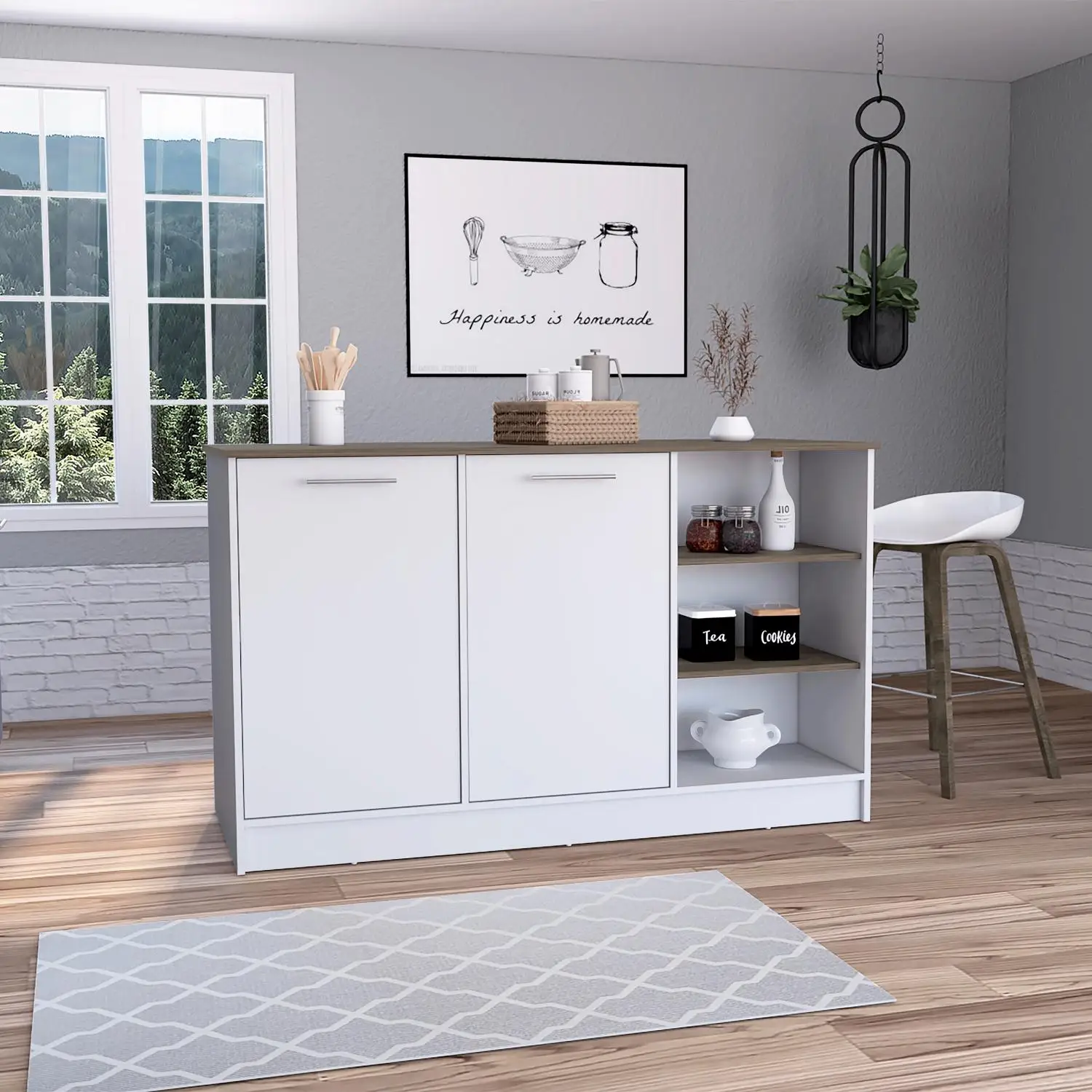 Ginger Kitchen Island, Three Open Shelves, Two Cabinets White / Dark Brown