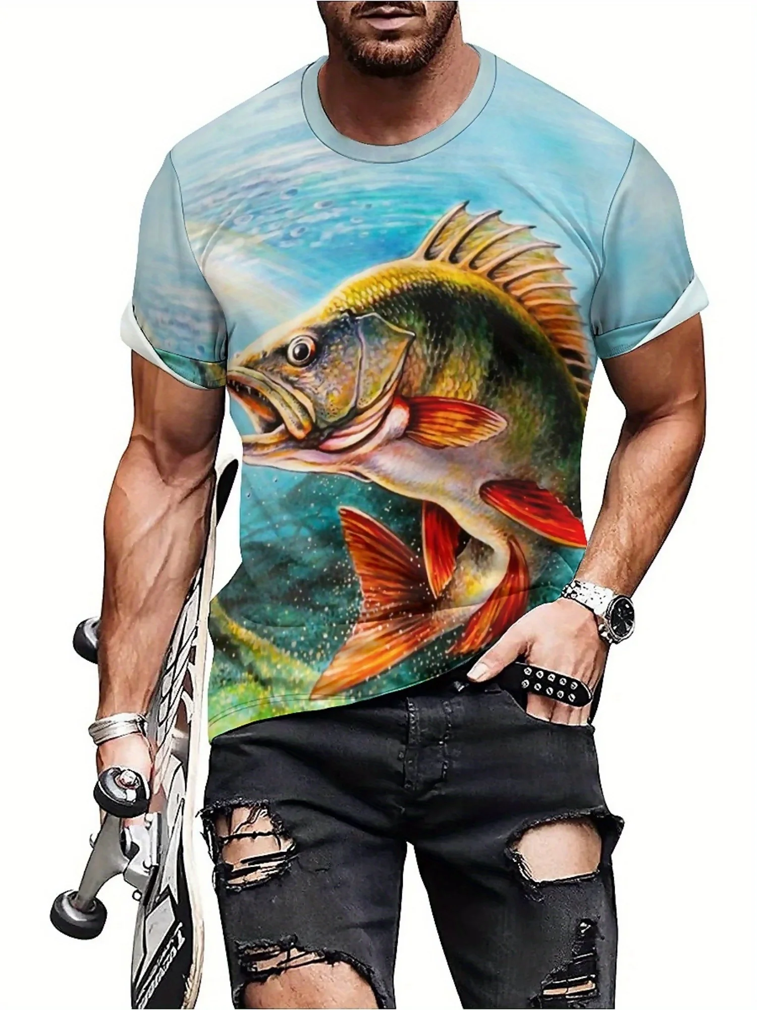 تي شيرت رجالي بطبعة سمكة ثلاثية الأبعاد - بوليستر ناعم، كم قصير، رقبة دائرية، تصميم صياد أزرق ملون