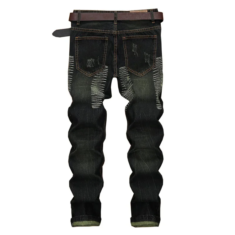 Men's Knee-length Ripped Vintage Jeans (without Belt) Hip-hop High Street Motorcycle Fashion Casual Straight Denim Trousers Male