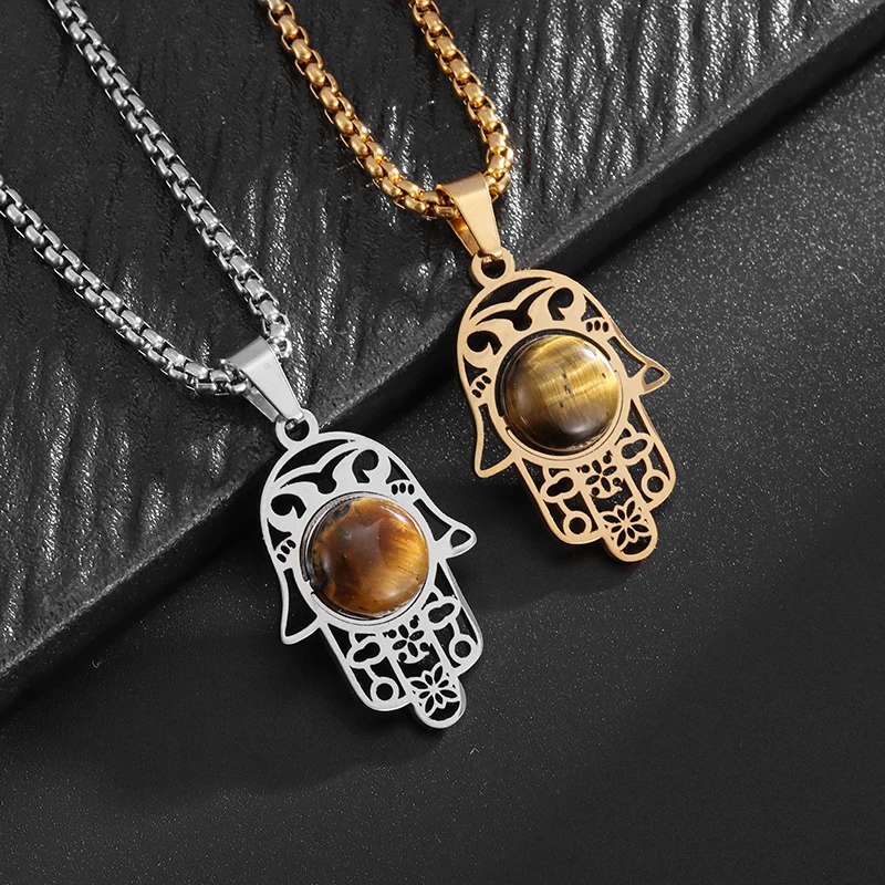 Turkish Devil's Eye Stainless Steel Necklace Titanium Steel Hollow Hand of Fatima Pendant Islamic Muslim Amulet Jewelry