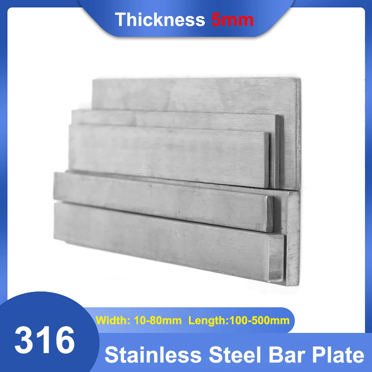 1Pcs 316 Stainless Steel Bar Plate Rod Thickness 5mm Width 10/15/20/25/30/40/50/60/80mm Length 100-500mm