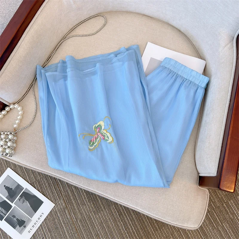Summer Double Chiffon Skirt Pants Embroidery High Waist Wide Leg Pants Casual Yoga Trousers For Chinese Style Women\'s Clothing