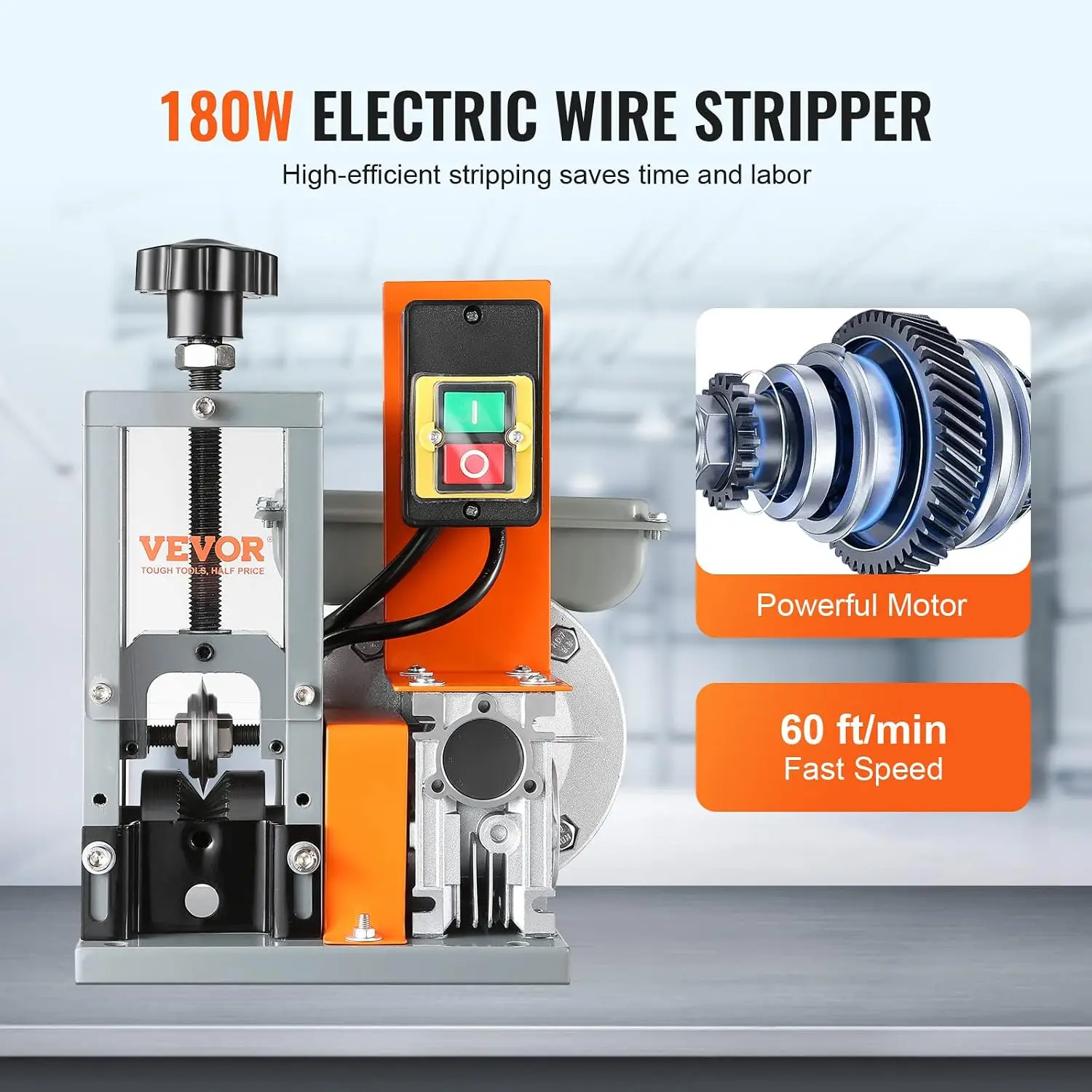 Electric Wire Stripping Machine, 0.06''-1.18'' Automatic Wire Stripper, 180 W, 60 ft/min with Visible Stripping Depth Reference