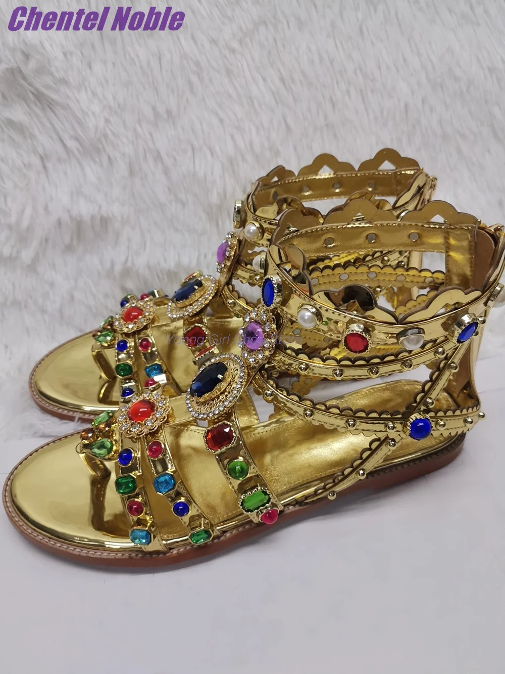 Colorful Crystal Gladiator Sandals Round Toe Open Flat Shoes Newest Summer Sexy Gold Women Shoes Party Catwalk Shoes