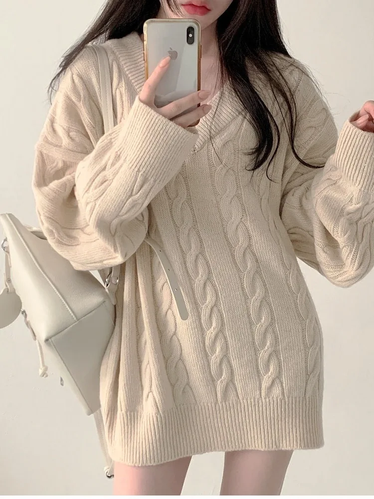 

Chic V-Ne Pullover Twist Knit Sweater Women's Loose Fit Autumn Winter Long Sve Casual Versatile Mid-Length Knitted Top