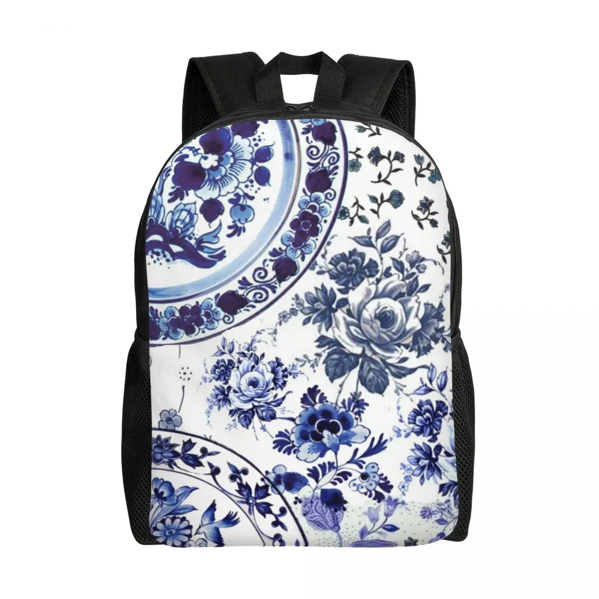 Sac à Dos Vintage à Imprimé de Fleurs Bleues Delft en Porcelaine, Cartable pour Étudiant, Convient pour Ordinateur Portable de 15 Pouces