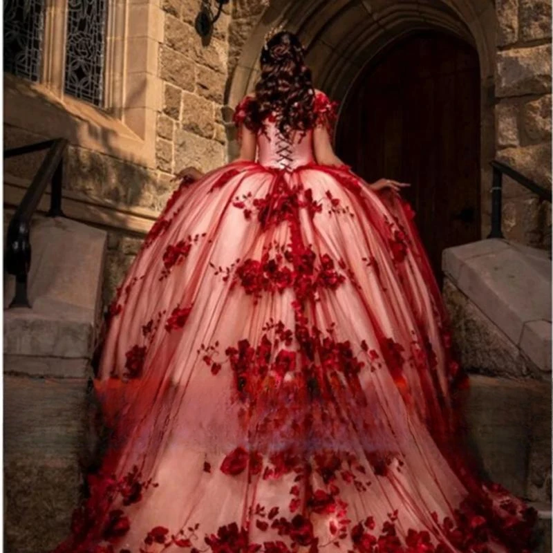 Vestido De quinceañera De princesa con flores en 3D burdeos, Vestido De baile con apliques De cuentas, hombros descubiertos, dulce 16, 15 Años, 2024