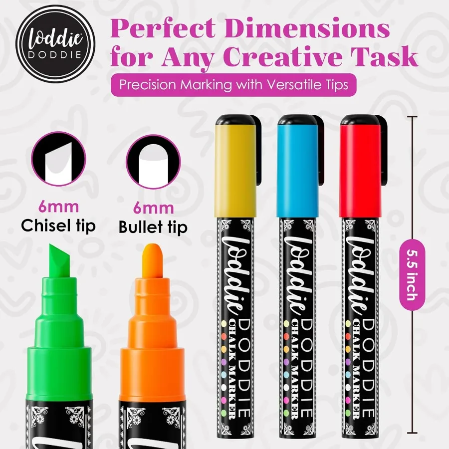 Liquid Chalk Markers 8Pack with 6mm Reversible Chisel and Bullet Tips for Blackboard or Chalkboard Use Vibrant Erasable Neon Wr