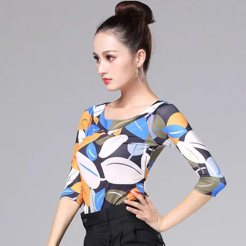 

Latin Dance Female Adult Elegant Leopard Print Red Practice Top National Standard Dancing Printing Shirt Performance Clothing