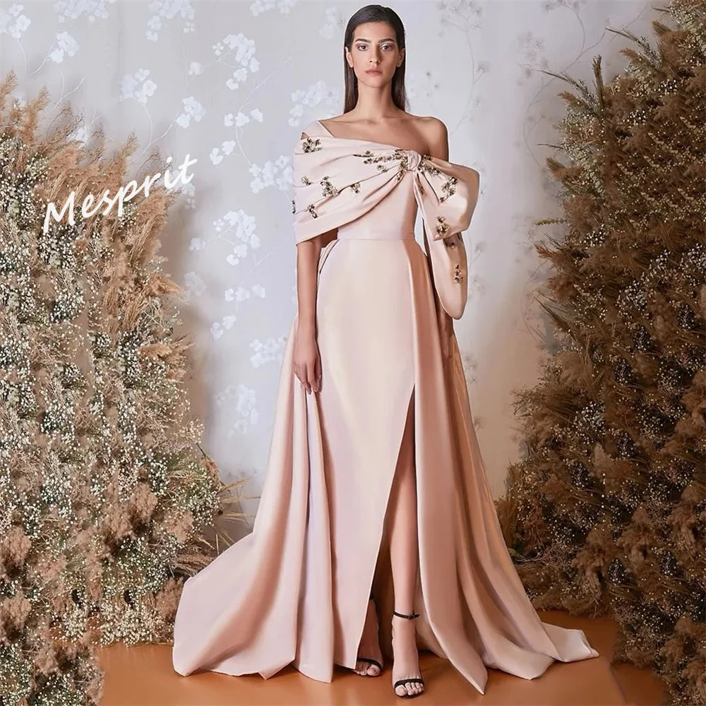 Gaun pesta Prom elegan Off-the-shoulder A-line sikat gaun malam berlian imitasi busur Satin disesuaikan Arab Saudi