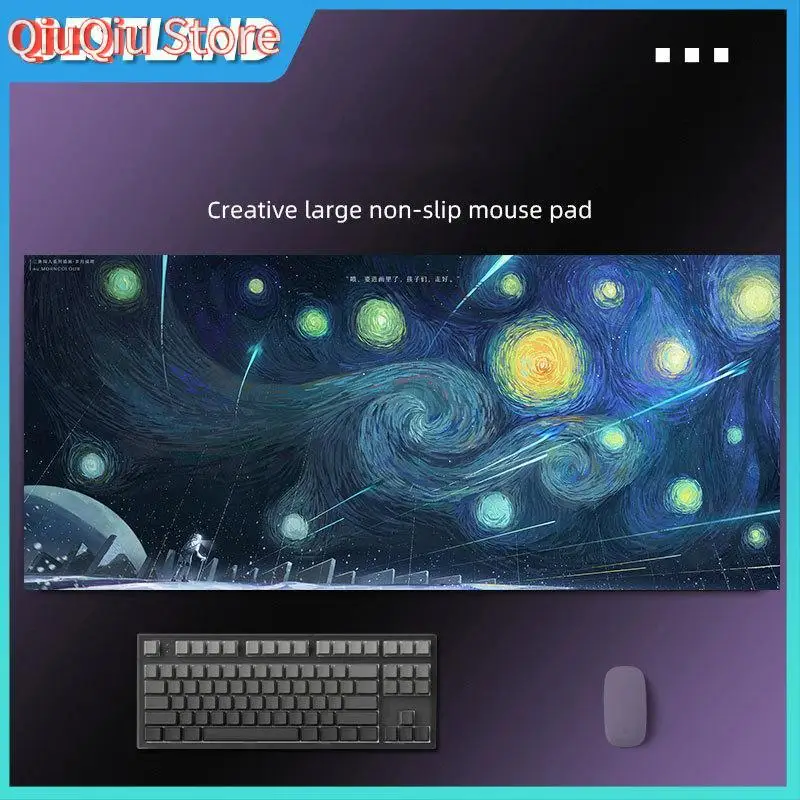 40x80 Van Gogh Starry Sky Oil Painting Town Aesthetic Desk Mat Large Mouse Desk Mat Non-slip Computer Keyboard Mouse Pad