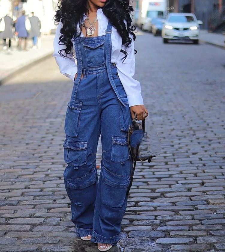 Women's Loose Denim Camisoles Street Fashion Multi Pocket Jumpsuit Casual Retro Simple and Personalized Jumpsuit Jeans