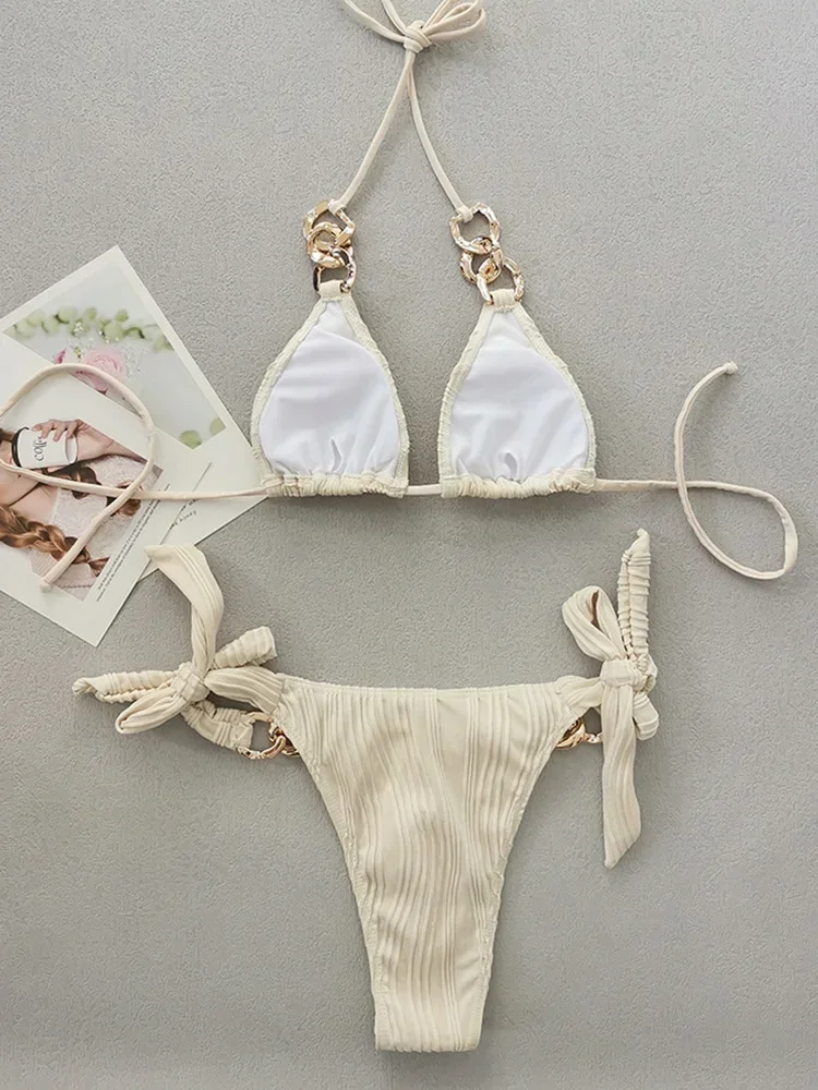 Bikini allacciato con fibbia in metallo sexy Set da 2 pezzi Costume da bagno diviso da donna Bikini da spiaggia a vita alta 2025 Nuovo set bikini da bagno estivo