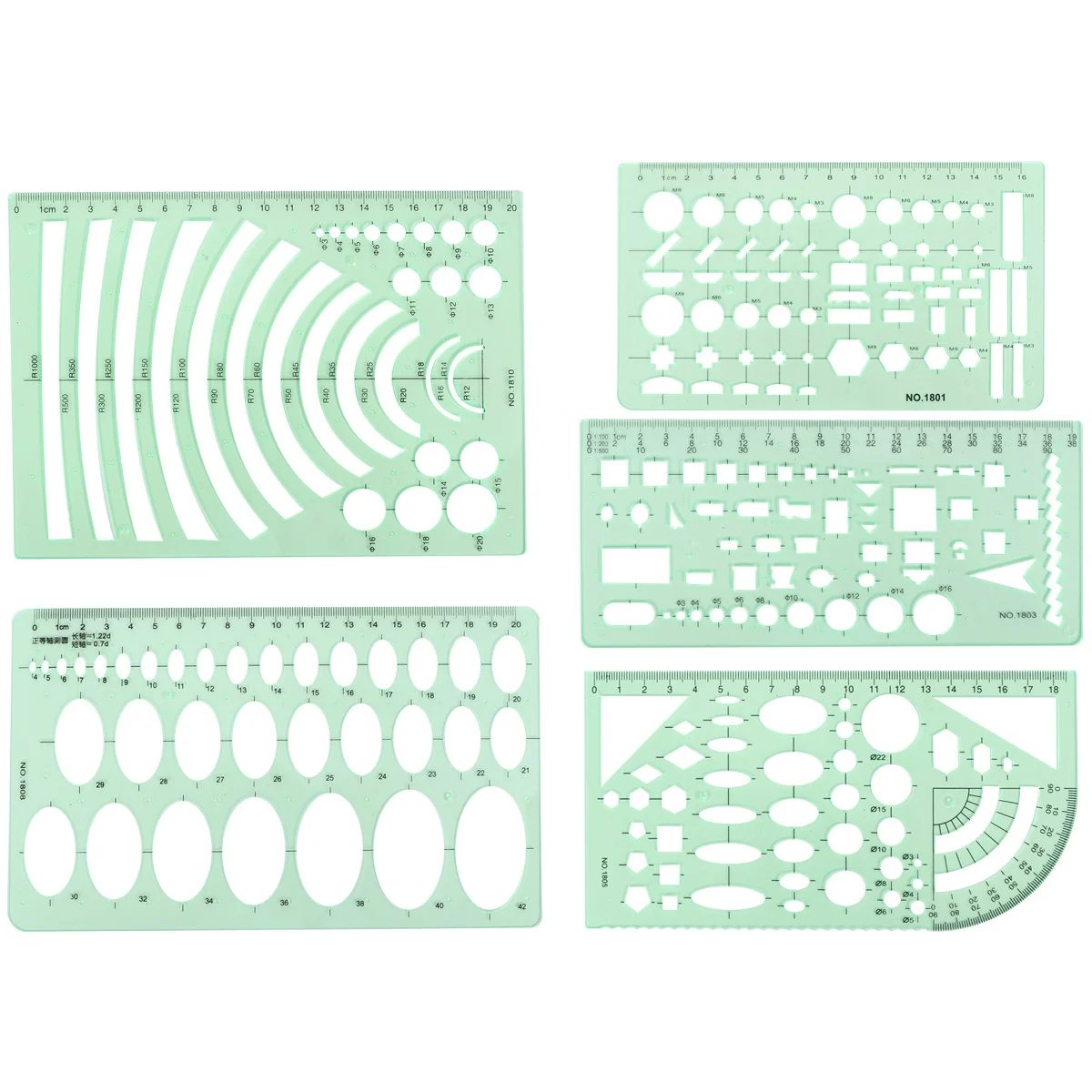 11 pcs Drawing Template Set Green Transparent Geometric Shapes For Drafting Design Architecture School Office Use Painting Aid