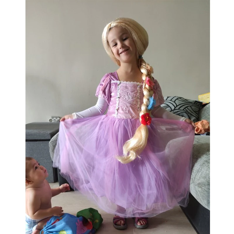 Peluca de princesa Rapunzel para niña, fiesta de cumpleaños infantil, disfraz de Halloween, sirenita, Elsa, Aurora, pelo blanco nieve