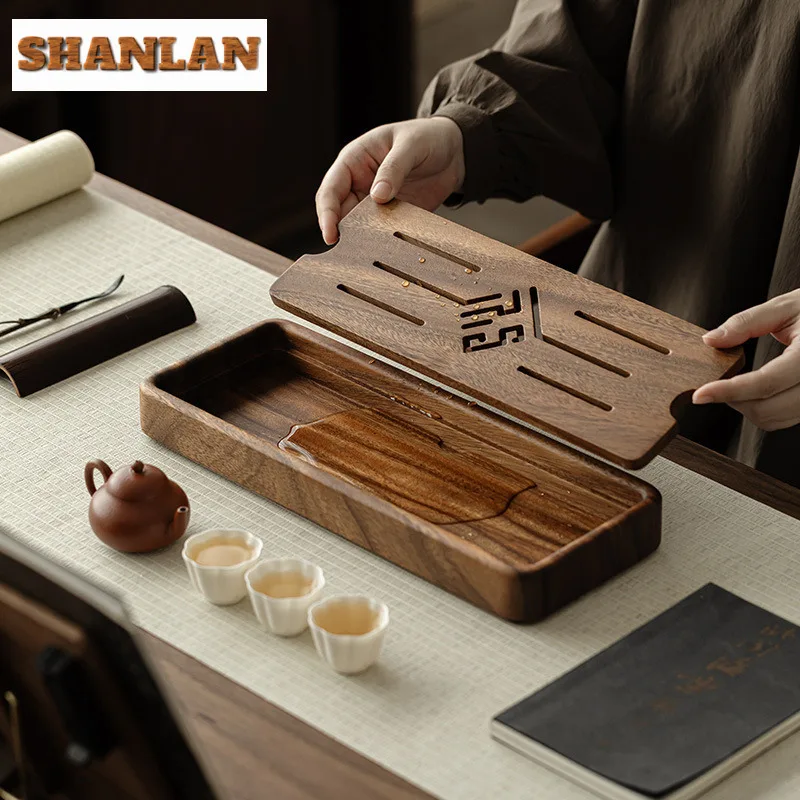 Zen Walnut Rectangular Tea Tray Kung Fu Tea Set Tray Tea Table Water Storage Drainage Type Small Imitation Solid Wood Tea Board