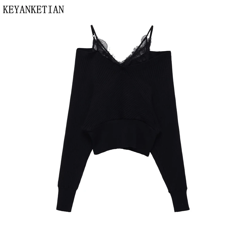 KEYANKETIAN Winter New women's lace camisole patchwork fake two-piece off shoulder slim fit knit sweater women pullover sweater