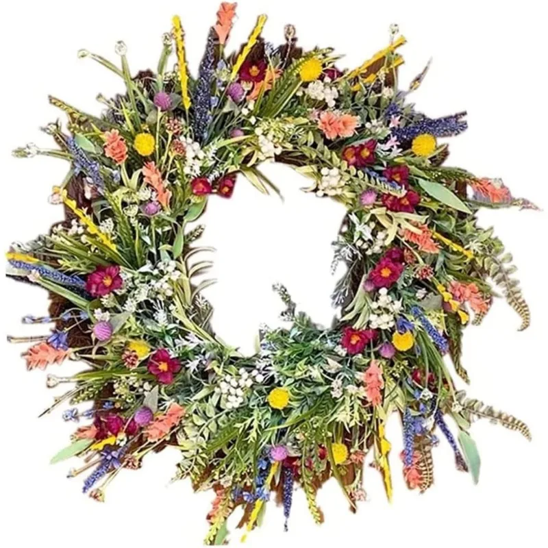 

Spring Summer Door Wreath for Front Door Artificial Wildflower Spring Wreath Decorative Garland Colorful Outdoor All Year Decor