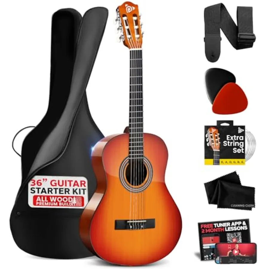

Beginner Acoustic Guitar Kit: 3/4 Junior Size All Wood Instrument for Learning Practice, Cherry Burst Gloss Finish, Includes Pi