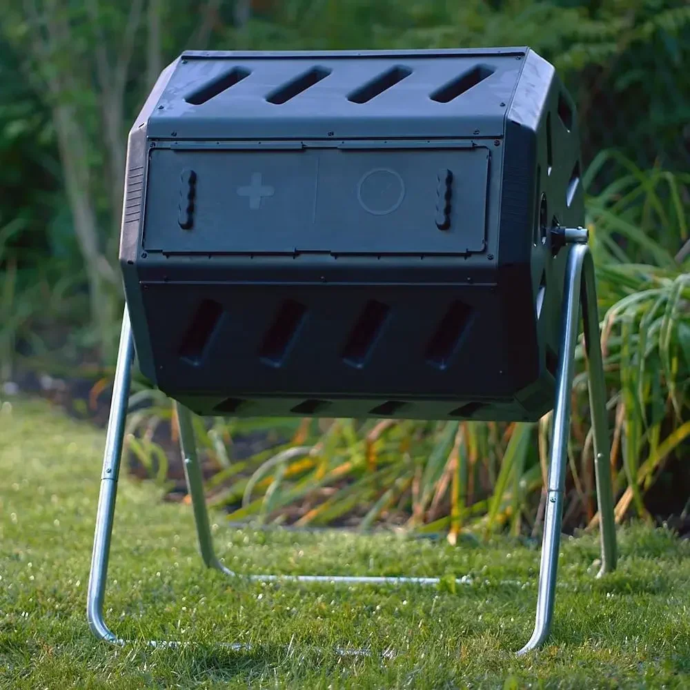 Dual Chamber Recycled Resin Composter, 100% Recyclable, 37 Gallon, Rotating Outdoor Bin for Garden and Yard Waste