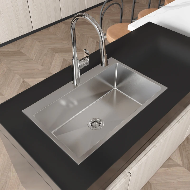

Stainless Steel Kitchen Sink, 30″x19″ Single Bowl, Overmount Handmade Sink in Brushed Nickel, with US Standard Drain and Hook