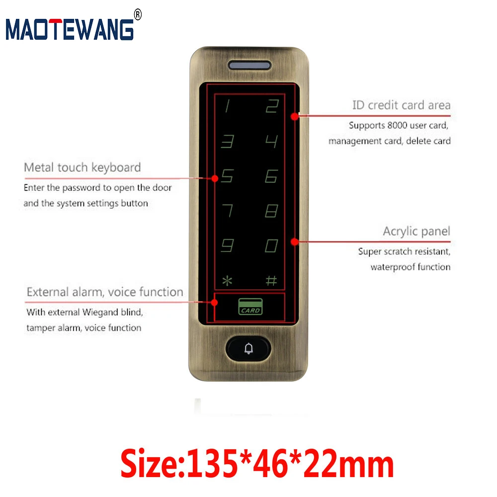 

Waterproof Metal Touch 8000 Users Door RFID Access Control Keypad Case Reader 125khz EM4100 Standalone Access Controller