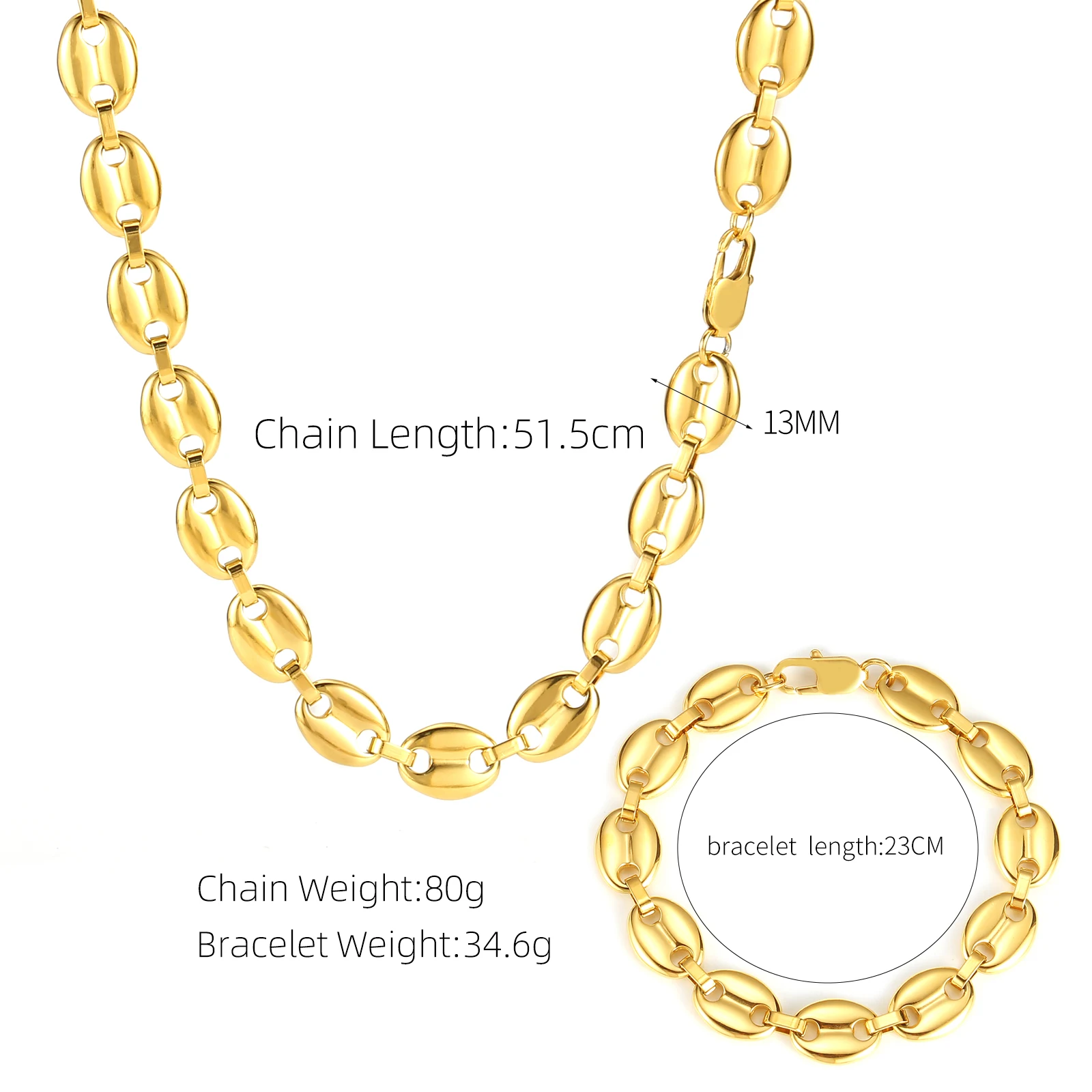 Coffee Bean Chain Necklace Bracelet for Men Women Gold Plated Stainless Steel Jewelry Charm Choker Fashion Gifts Accessories