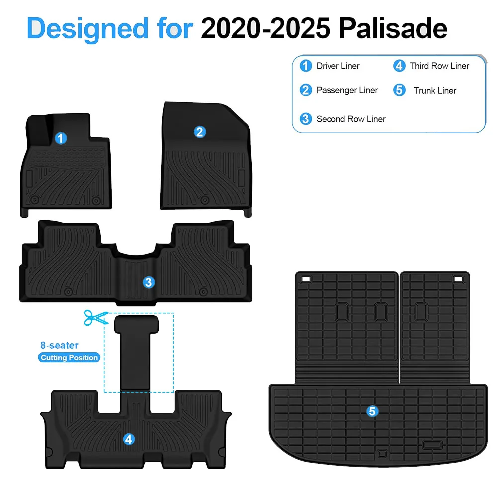 

Коврики для багажника Hyundai Palisade 2020-2025 годов с ковриком на спинку, водонепроницаемая всепогодная защита из ТПЭ, вкладыш для багажника