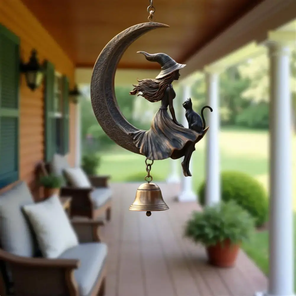 Witch Wind Chime Halloween Witch Black Cat Moon Wind Chime for Garden Patio Decor Metal Hanging Bell Ornament with Cat for Lawn