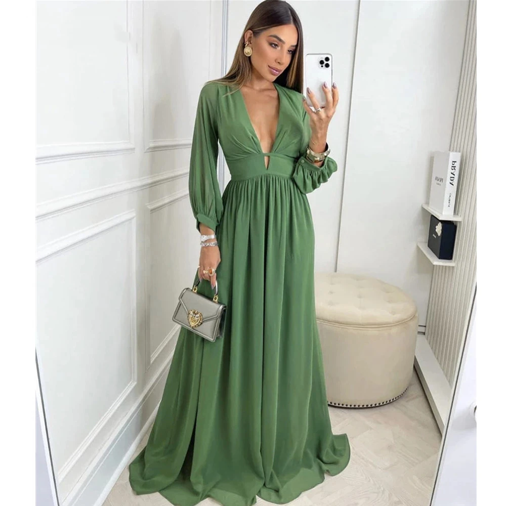 

Simple A Line Dark Green Chiffon Evening Dress Sexy V Neck Long Sleeves Backless Women Prom Formal Gowns Robe De Soiree