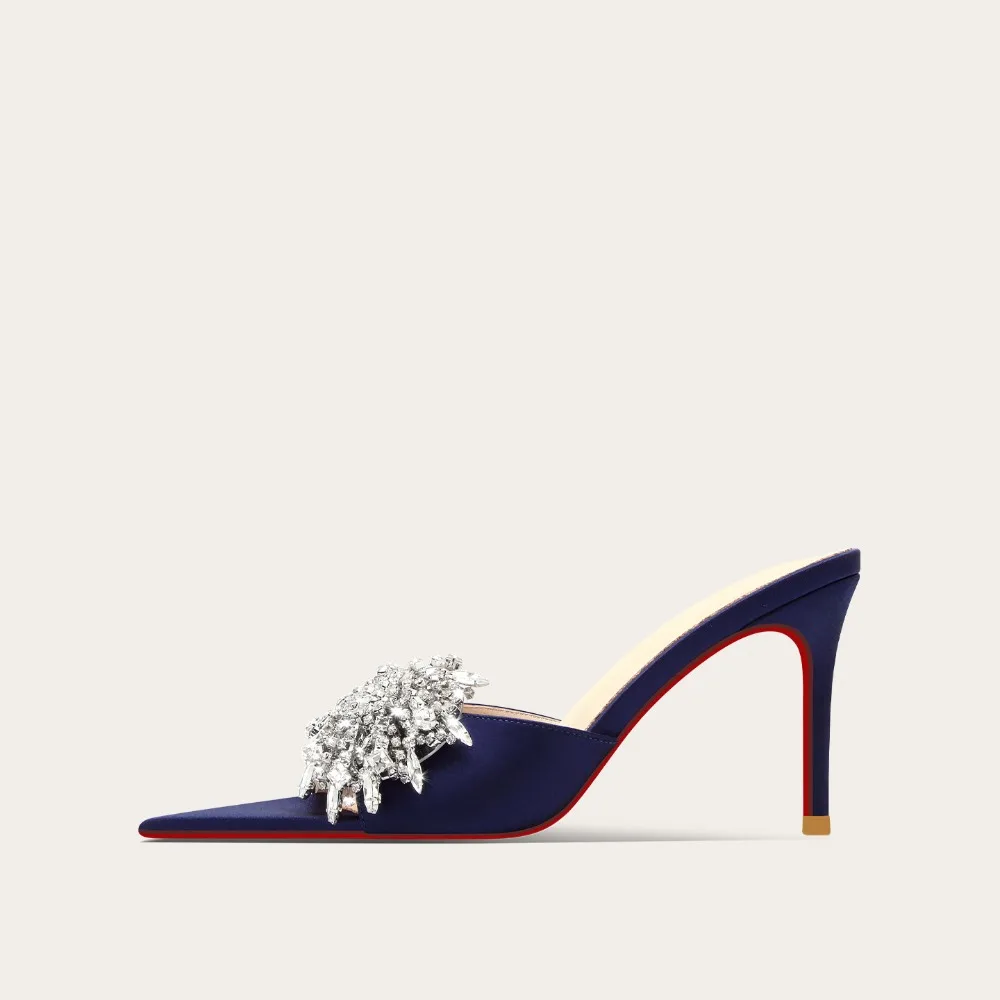 Pointed Toe Open Toe High Heel Sandals Women Luxury Blue Crystal Flower Slides view 6