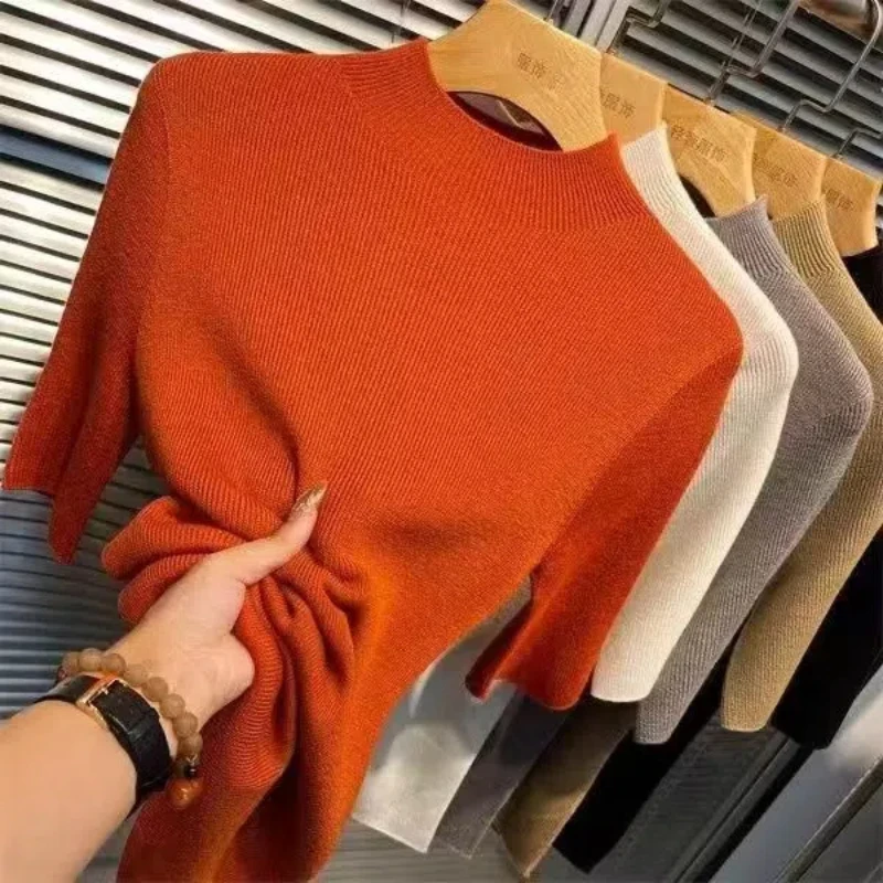 

Sping Autumn New Women T-Shirts Pullovers Solid Half High Collar Korean Fashion Chic Half Sleeve Thin Bottoming Shirt Knit Tops