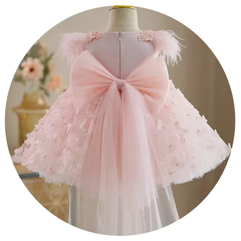 ลูกไม้สีชมพูดอกไม้สาวชุดสําหรับงานแต่งงานยาวผีเสื้อ Appliques Feather Princess First Communion วันเกิดชุดที่กําหนดเอง