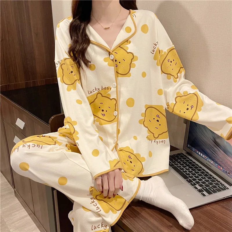 2PCS/Set Women Spring and Autumn Thin Long-Sleeved Pajamas 2024 Cute Cartoon Bear Cardigan Loose Button Homewear Ladies Clothes