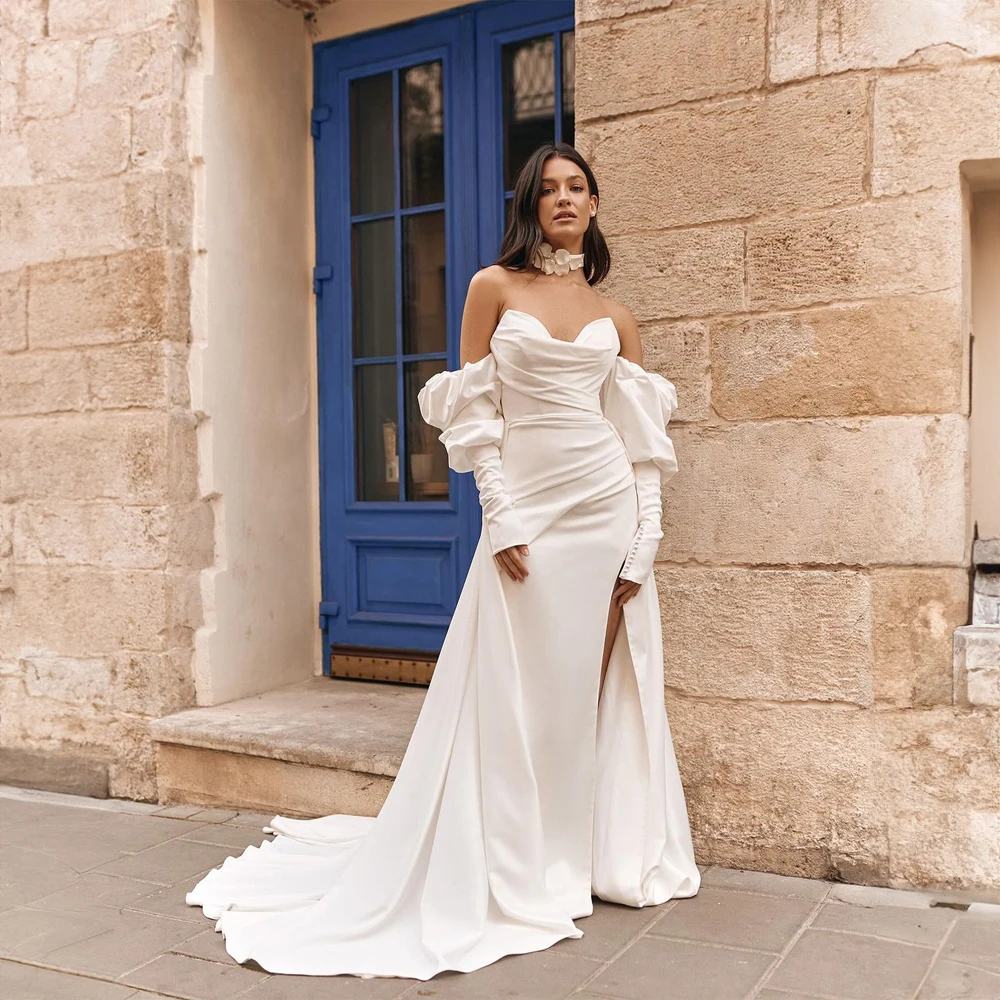 

Off the Shoulder Satin Pleated Wedding Dress Sexy Mermaid with Removable Sleeve Wedding Gowns for Bridal свадебное Customized