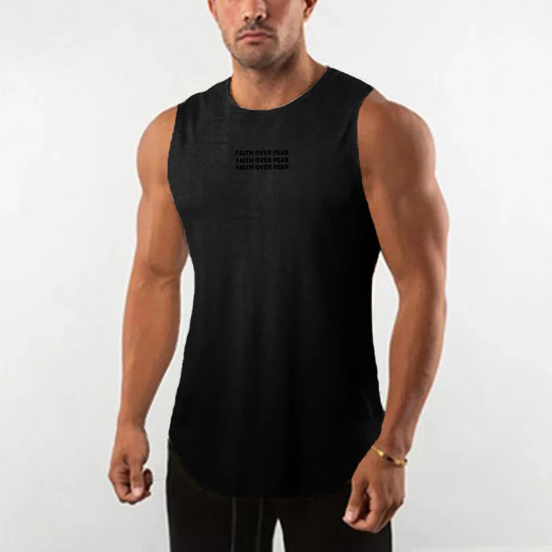 Summer Fashion Casual Round Neck Men's Gym Sports Breathable Printed Mesh Large Size Sleeveless Outerwear