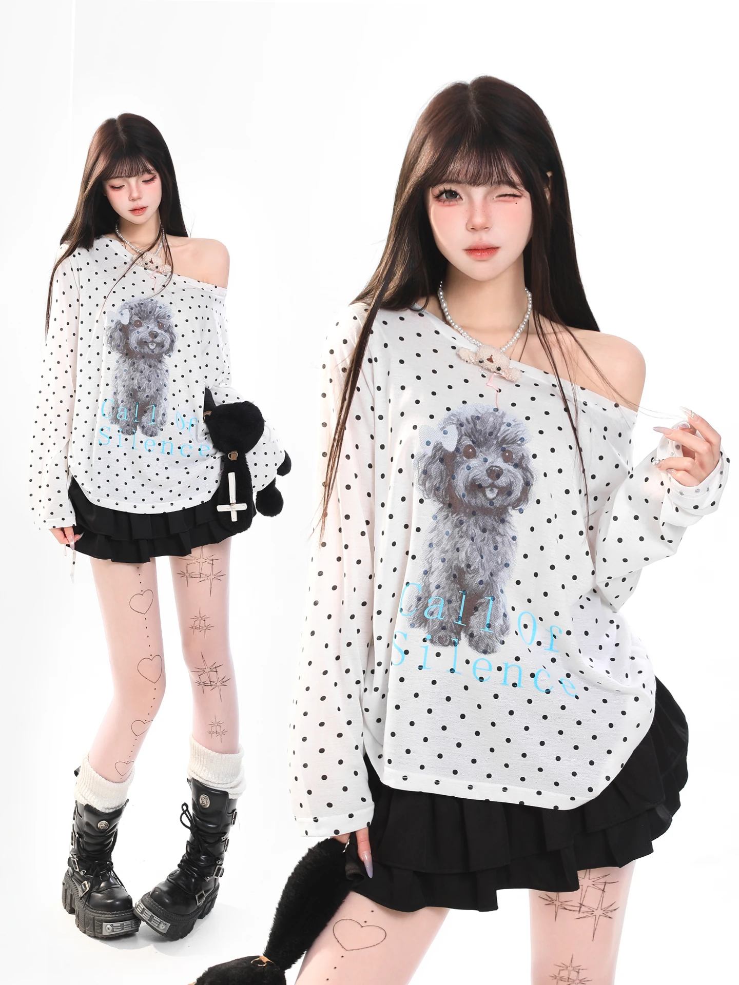 Cute Dog Polka Dot Long Sleeve T-Shirt Women's Spring Lazy Style Loose Casual Anti-Aging Shoulder Bared Top Korean Style